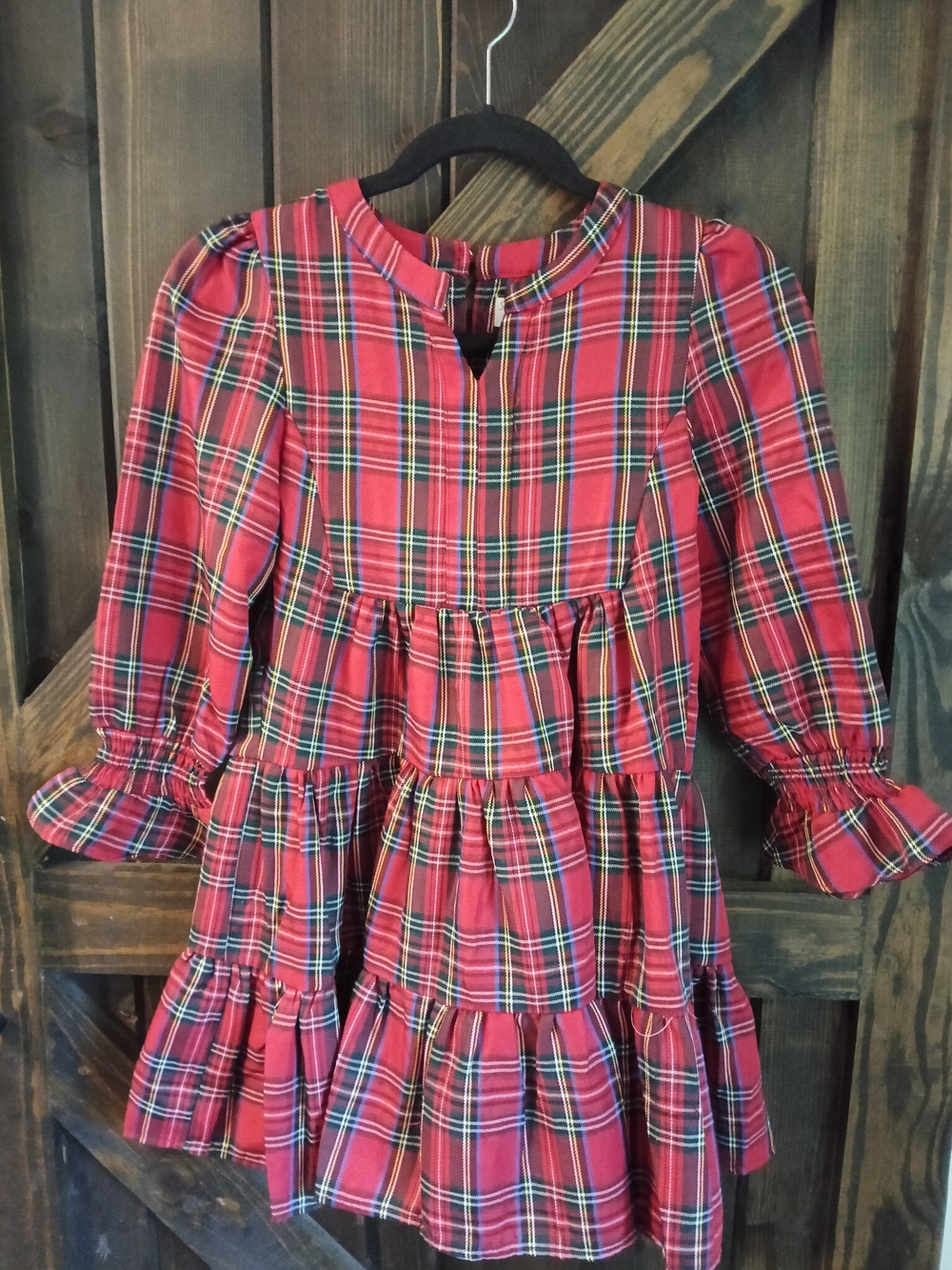 Shop The Mint Red Plaid Tiered Long Sleeve Dress with Smocked Cuffs